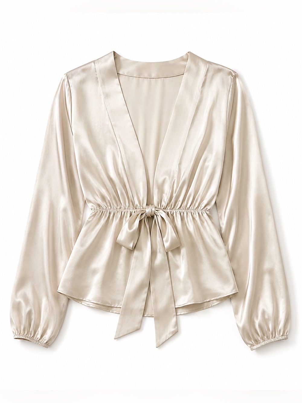 Satin Tie-Front Long Sleeve Top - Cream